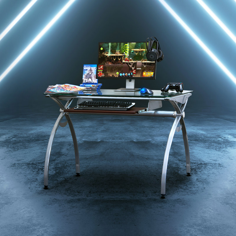 Inbox Zero Clear Tempered Glass Top Computer Desk With Pull Out Keyboard Panel, Gaming Desk With